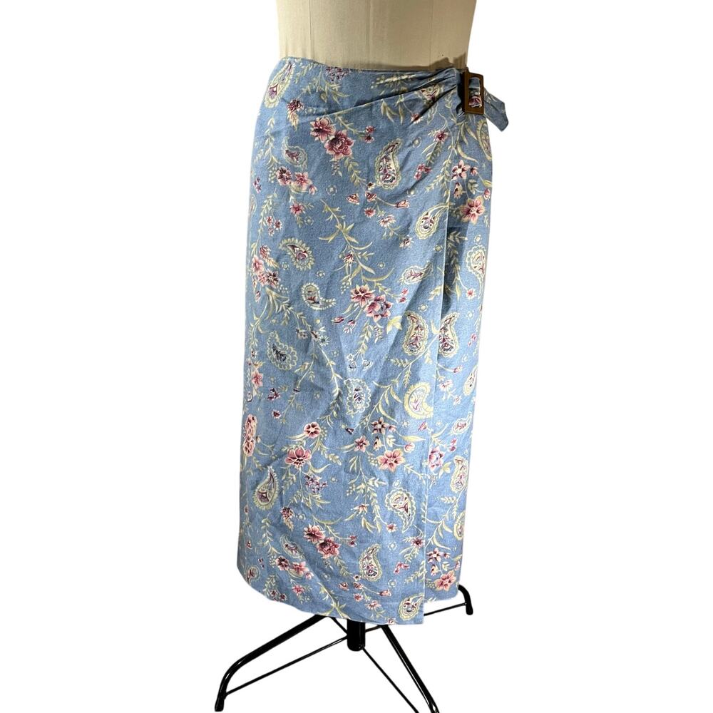 Blue Floral Linen Midi Wrap Skirt Sz 10P Cottagecore Y2K Romantic Girly Belted